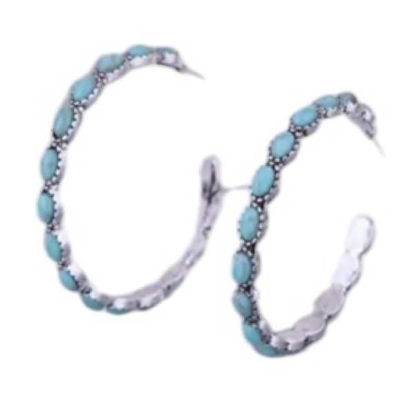 Turquoise Stone Large Silver Hoop Earrings - Picture 2 of 8